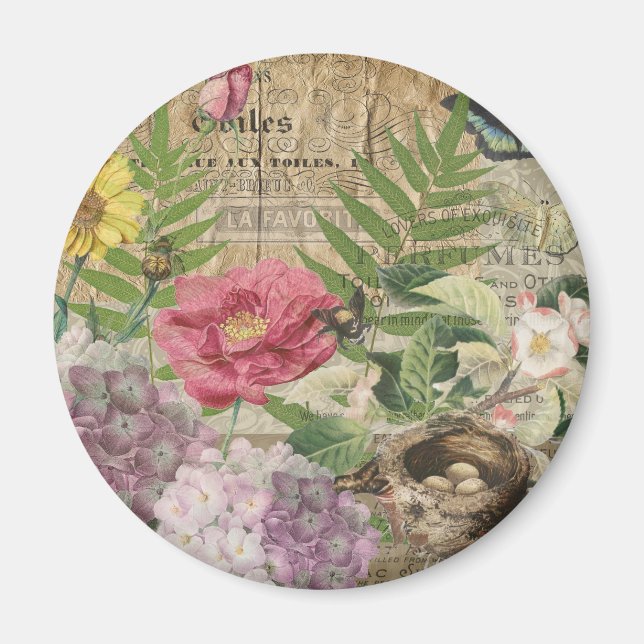 Bird Nest Floral Garden Flower Butterfly Art Magnet (Front)