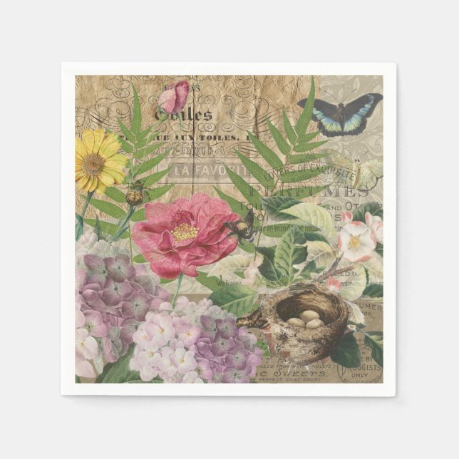 Bird Nest Floral Garden Flower Butterfly Art Napkins (Front)