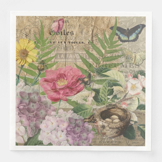 Bird Nest Floral Garden Flower Butterfly Art Paper Dinner Napkins (Front)