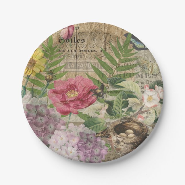 Bird Nest Floral Garden Flower Butterfly Art Paper Plates (Front)