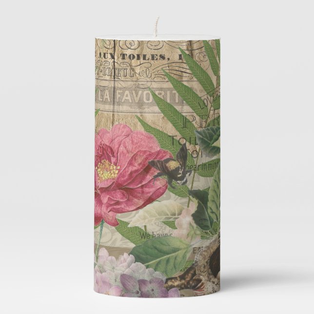 Bird Nest Floral Garden Flower Butterfly Art Pillar Candle (Front)
