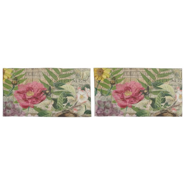Bird Nest Floral Garden Flower Butterfly Art Pillow Case (Back-Set)