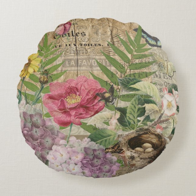 Bird Nest Floral Garden Flower Butterfly Art Round Pillow (Front)