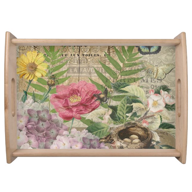 Bird Nest Floral Garden Flower Butterfly Art Serving Tray (Front)