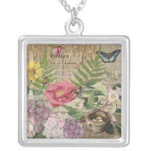 Bird Nest Floral Garden Flower Butterfly Art Silver Plated Necklace