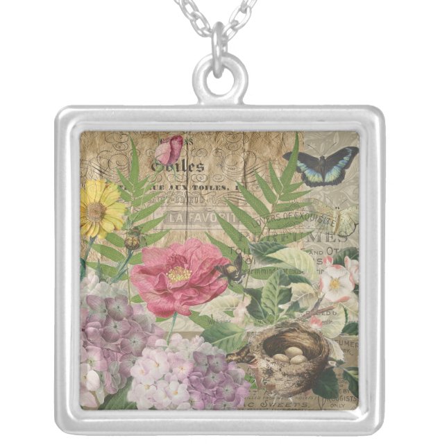 Bird Nest Floral Garden Flower Butterfly Art Silver Plated Necklace (Front)