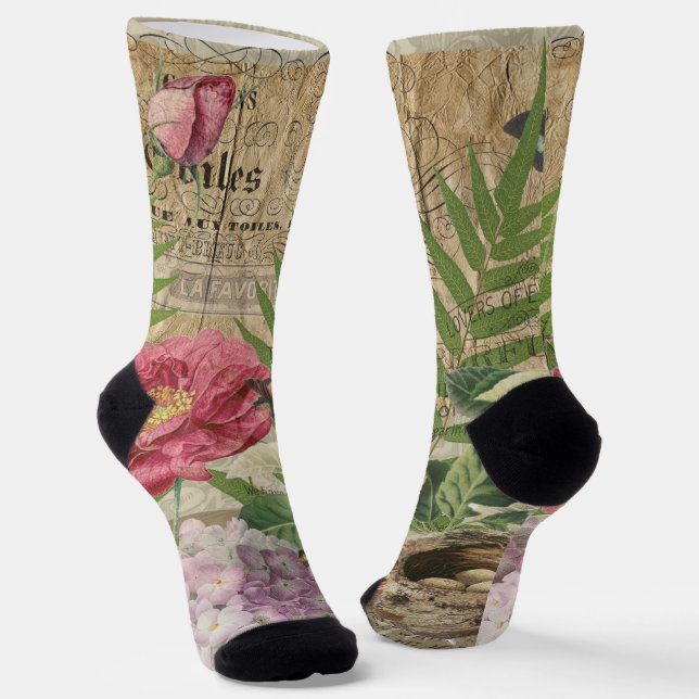 Bird Nest Floral Garden Flower Butterfly Art Socks (Angled)