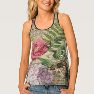 Bird Nest Floral Garden Flower Butterfly Art Tank Top