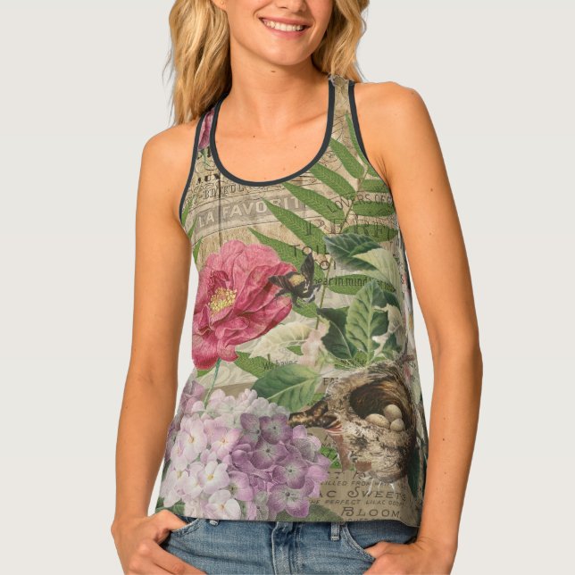Bird Nest Floral Garden Flower Butterfly Art Tank Top (Front)