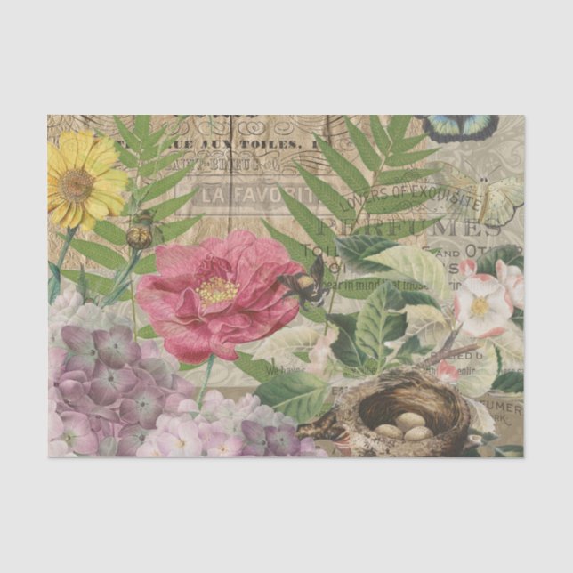 Bird Nest Floral Garden Flower Butterfly Art Tissue Paper (Front)