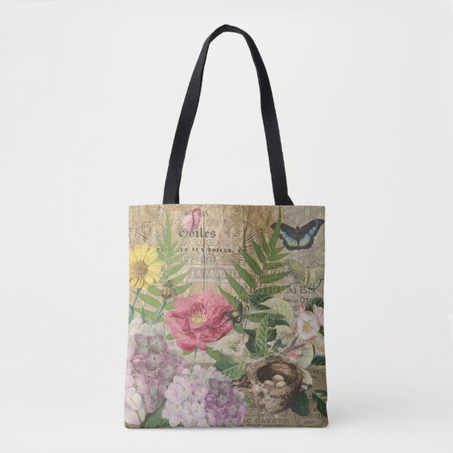Bird Nest Floral Garden Flower Butterfly Art Tote Bag (Front)