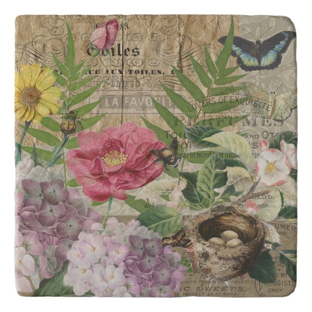 Bird Nest Floral Garden Flower Butterfly Art Trivet (Front)
