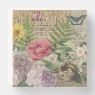 Bird Nest Floral Garden Flower Butterfly Art Wooden Box Sign