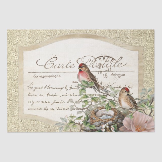Bird Nest Gold Floral Carte Postale French Script  Tissue Paper (Front)