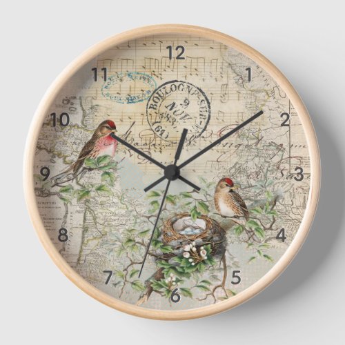 Bird Nest Map Music French Postmark Vintage  Clock