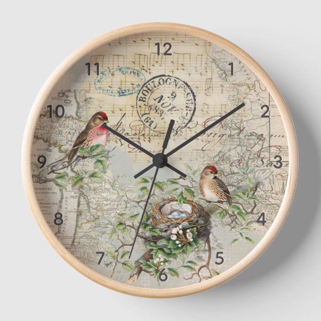 Bird Nest Map Music French Postmark Vintage  Clock (Front)