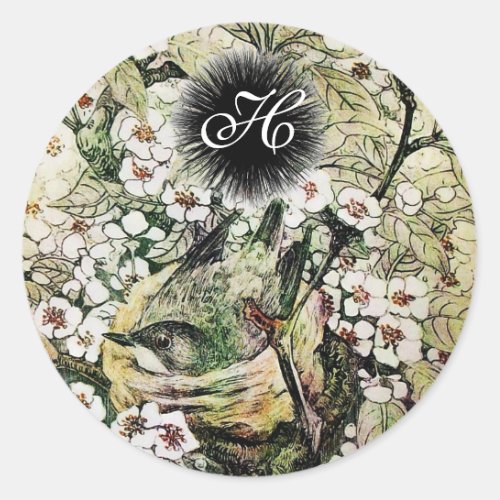 BIRD NEST MONOGRAM white brown green yellow Classic Round Sticker