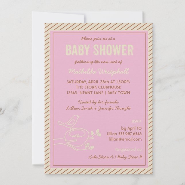 Bird Nest Pink Baby Shower Invitation (Front)
