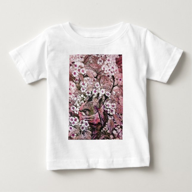 BIRD NEST,PINK WHITE  SPRING FLOWERS AND TREE BABY T-Shirt (Front)