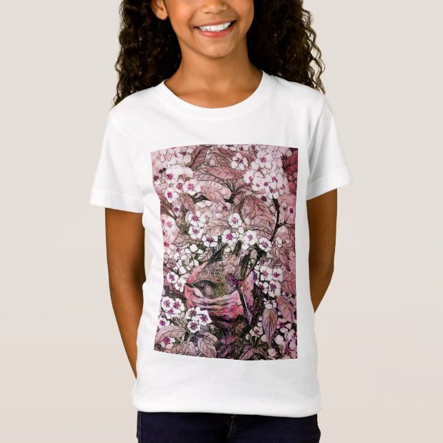 BIRD NEST,PINK WHITE  SPRING FLOWERS AND TREE T-Shirt (Front)