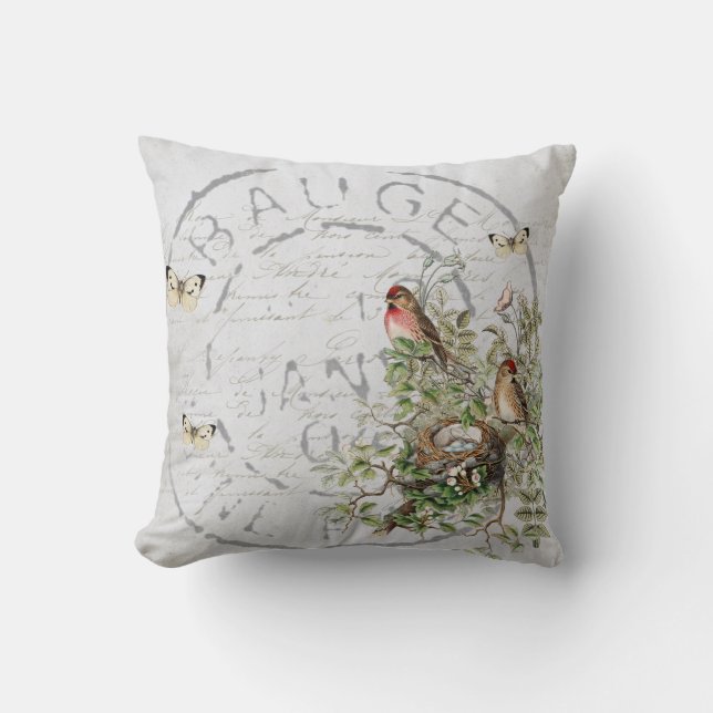 Bird Nest Postmark Butterfly French Script Blue Throw Pillow (Front)