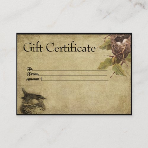 Bird &amp; Nest- Prim Gift Certificate Cards Business Card Templates