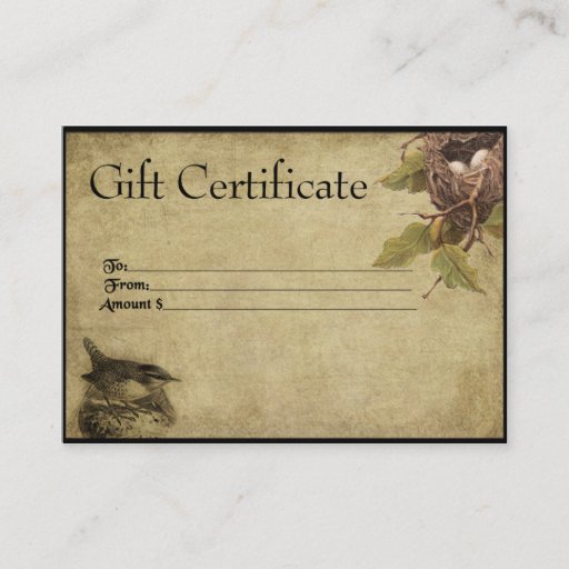 Customizable Bird &amp; Nest- Prim Gift Certificate Cards Business Card Templates