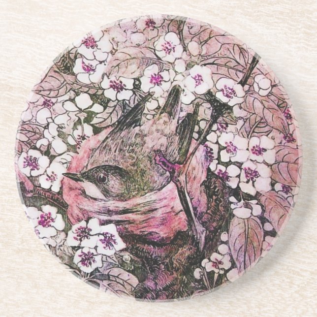 BIRD NEST ,RED WHITE PINK SPRING FLOWERS Floral Drink Coaster (Front)