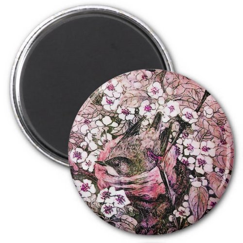 BIRD NEST RED WHITE PINK SPRING FLOWERS Floral Magnet