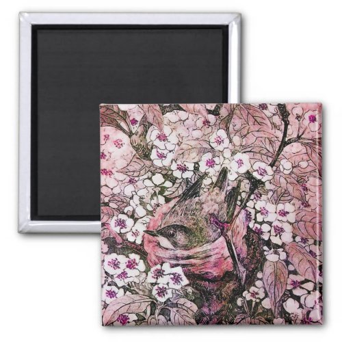 BIRD NEST RED WHITE PINK SPRING FLOWERS Floral Magnet