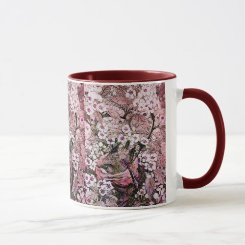 BIRD NEST RED WHITE PINK SPRING FLOWERS Floral Mug