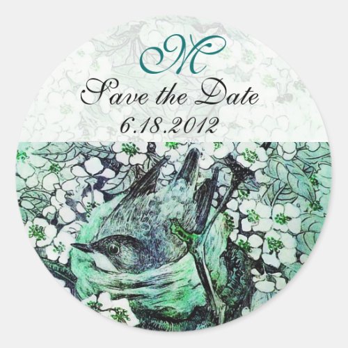 BIRD NEST Save The Date MonogramWhite Green Classic Round Sticker