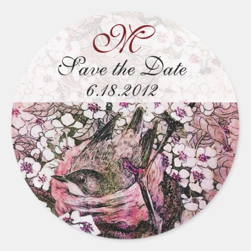 BIRD NEST Save The Date MonogramWhite Pink Red Classic Round Sticker