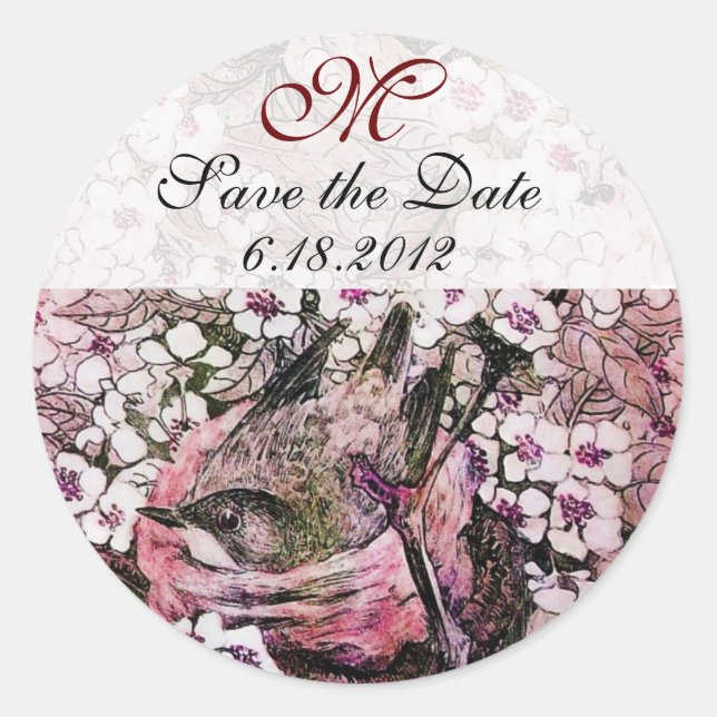 BIRD NEST Save The Date Monogram,White Pink Red Classic Round Sticker (Front)