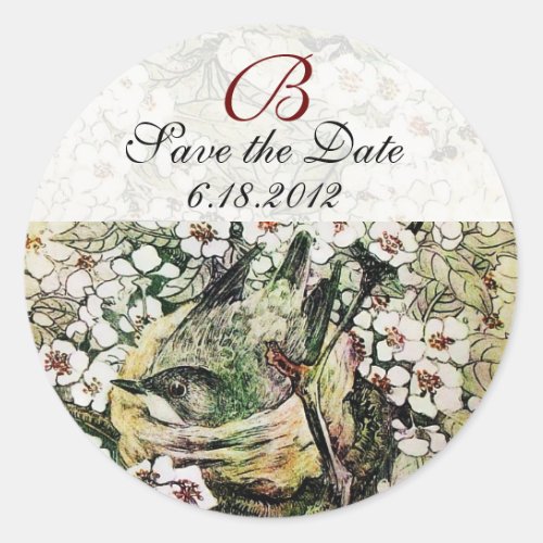 BIRD NEST Save The Date MonogramWhite Yellow Classic Round Sticker