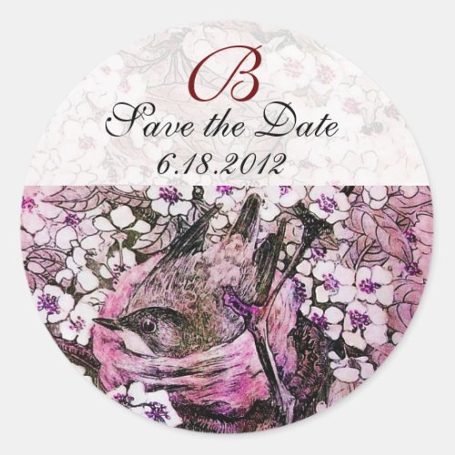 BIRD NESTSPRING FLOWERS Pink Save Date Monogram Classic Round Sticker