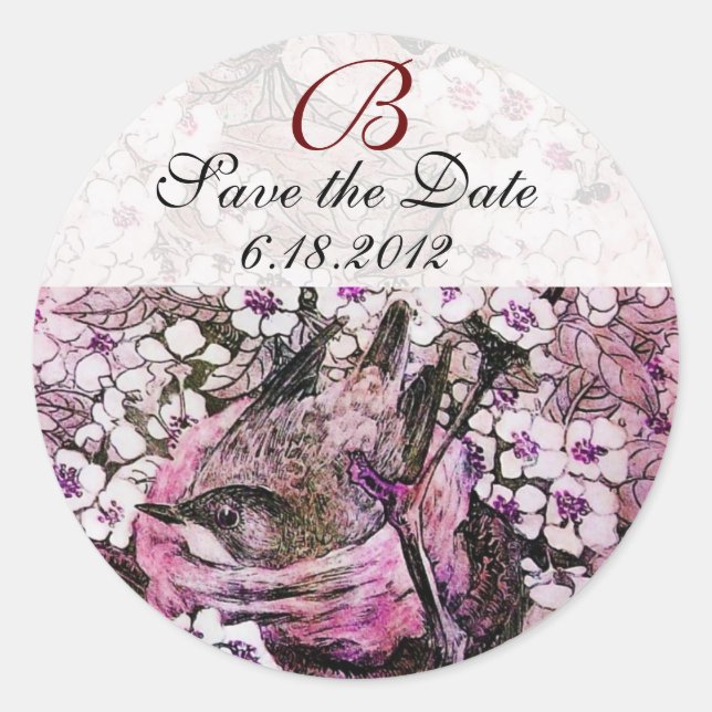 BIRD NEST,SPRING FLOWERS Pink Save Date Monogram Classic Round Sticker (Front)