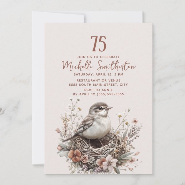 Bird Nest Terracotta Pink 75th Birthday Invitation (Front)