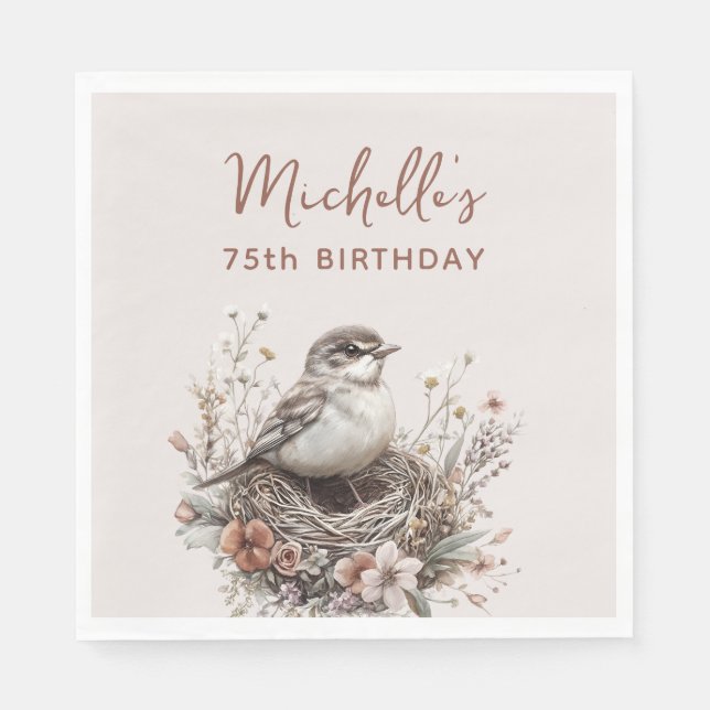 Bird Nest Terracotta Pink 75th Birthday Napkins (Front)