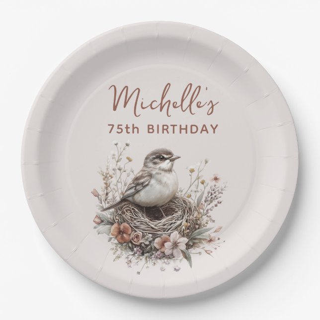 Bird Nest Terracotta Pink 75th Birthday Paper Plates (Front)