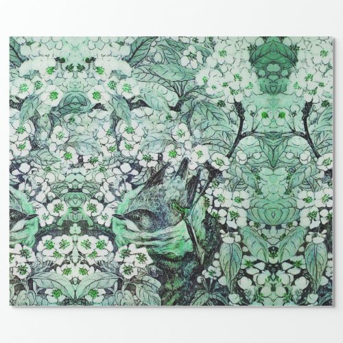 BIRD NESTTREEGREEN WHITE FLOWERS Floral Wrapping Paper