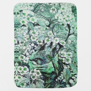 BIRD NEST, TREE ,GREEN WHITE SPRING FLOWERS Floral Baby Blanket