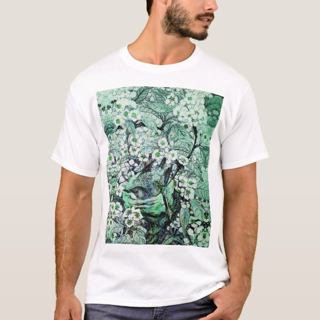 BIRD NEST, TREE ,GREEN WHITE SPRING FLOWERS Floral T-Shirt (Front)