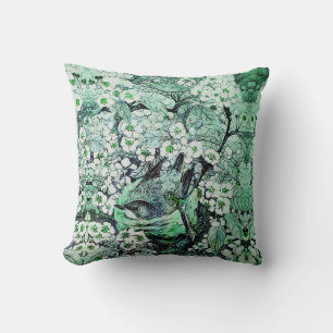 BIRD NEST,TREE GREEN WHITE SPRING FLOWERS Floral Throw Pillow