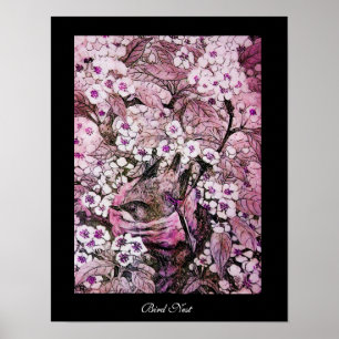 BIRD NEST,TREE PINK WHITE SPRING FLOWERS Black Poster