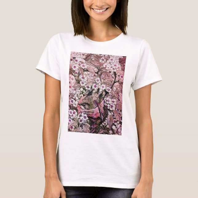 BIRD NEST, TREE PINK WHITE SPRING FLOWERS Floral T-Shirt (Front)