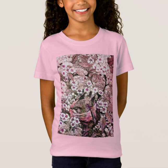 BIRD NEST, TREE ,PINK WHITE SPRING FLOWERS Floral T-Shirt (Front)