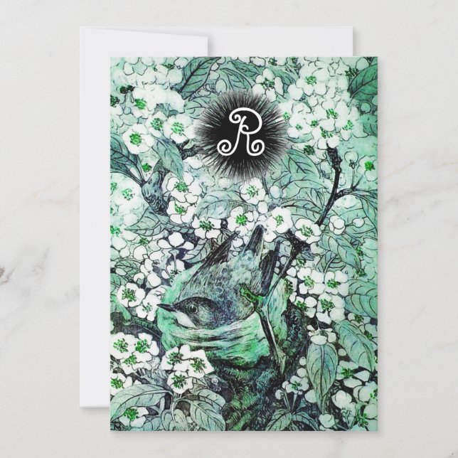 BIRD NEST,TREE,WHITE BLUE SPRING FLOWERS MONOGRAM ANNOUNCEMENT (Front)