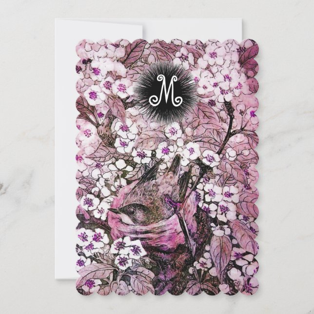 BIRD NEST,TREE WHITE PINK SPRING FLOWERS MONOGRAM ANNOUNCEMENT (Front)