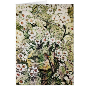 BIRD NEST,TREE WITH BROWN WHITE SPRING FLOWERS CARDS